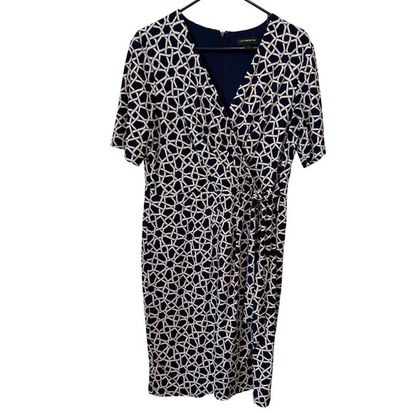 Liz Claiborne Womens Geometric Print Wrap Dress Navy White Short Sleeve Size 12 - Picture 1 of 6